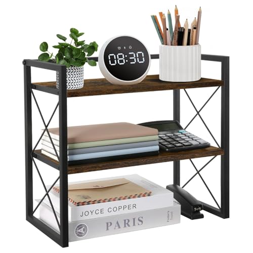 Desktop Shelf Organizer, 2 Tier Office Shelves, Wood Desk Organizer Storage Rack and Freestanding Display Shelf for Office, Dormitory, Home (Retro)
