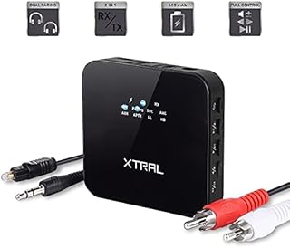 Bluetooth 5.0 Transmitter Receiver for TV to Wireless Headphone/Speaker APTX Low Latency Home Stereo System LED Wireless Audio Adapter Pair 2 Headphones AUX/RCA/Optical/Coaxial Audio Input