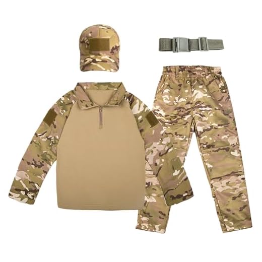 QIYUANT Enfant Ensembles T-Shirt & Pantalon Tactique Camo Airsoft Militaire Camouflage Printemps Été Automne Manche Longue Combat Chasse (CP/T-Shirt + Pantalon + Casquette + Ceinture, 130)