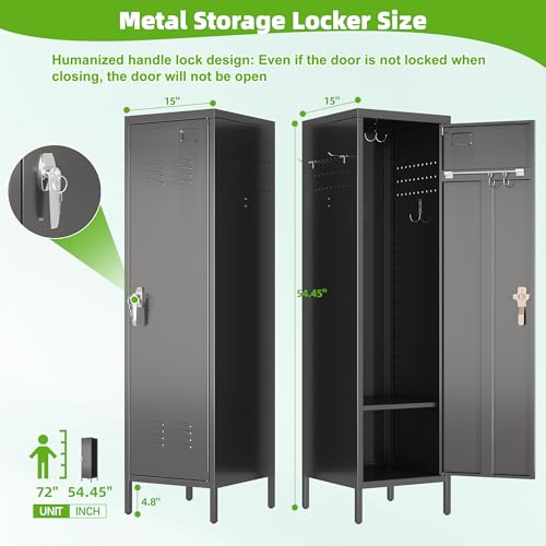 Image of SUPEER 1-Door Metal Locker with Lock, Pegboard, Hooks and Hanging Rod | 15 inchW x 15 inchD x 54.45 inchH steel locker with 2 pegboards, 5 hooks, an interior hanging rod and required assembly.