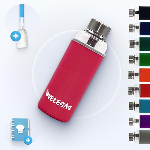 Velesas Botella 1l | 500ml con funda protectora | Botella de cristal de 500ml de neopreno y tapa de acero inoxidable | Botella de agua para la escuela, las actividades deportivas, sin BPA | Rosa