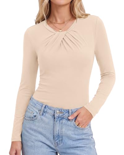 KIRUNDO Long Sleeve Tops for Women Business Casual Outfits Slim Fitted Knit Twist Knot Work Office Shirt Blouse Going Out Top(Beige, XX-Large)
