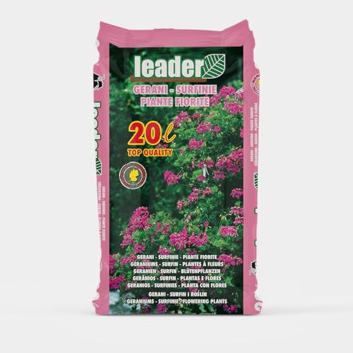 LEADER, Terriccio Per la Coltivazione di Gerani, Fucsie, Petunie ed Altre Piante Fiorite, Favorisce Drenaggio ed Aerazione, Previene Ristagni Idrici e Mantiene le Radici Sane e Forti, Sacchetto da 20L