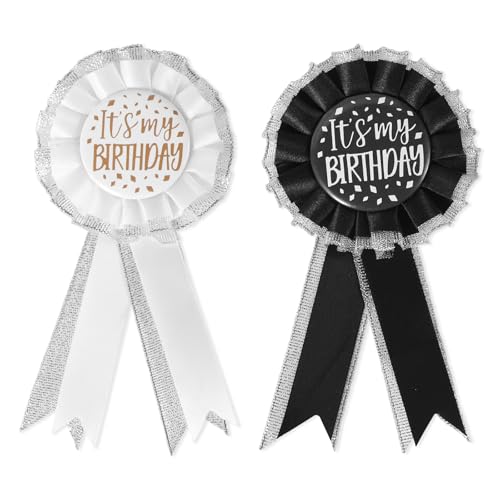 2pcs It's My Birthday Brooch Pin for Women Men, Satin Fabric Happy Birthday Button Apparel Pin Award Ribbon Badge Celebration Accessory for Prize Party Decoration Jewelry Gift (Black, White)