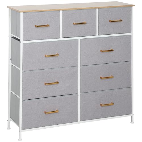 HOMCOM Cómoda con 9 Cajones Tapizado en Borreguito Cajonera de Tela con Estructura de Acero Cómoda para Dormitorio Pasillo Gris