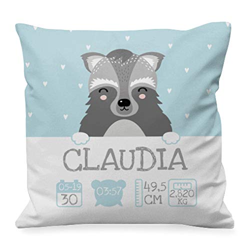 NANNUK - Cojín Nacimiento personalizado Mapache para recién nacidos, se personaliza con nombre, hora, fecha, peso y medida del bebé.