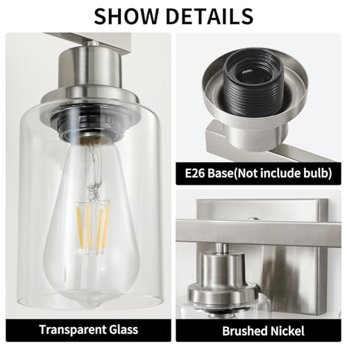 Image of 3-Light Bathroom Light Fixtures, Nickel Bathroom Vanity Light with Clear Glass Shade, Modern Bathroom Wall Lights Over Mirror, Farmhouse Wall Sconces Lighting for Bedroom Living Room
