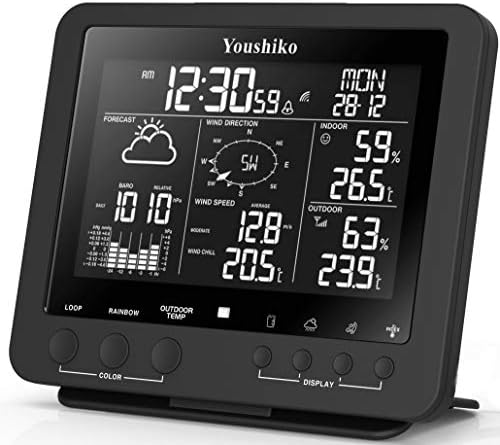 Youshiko Weather Station Official 2022 UK Version (Premium Quality Large LCD HD Colour Changing Display), Professional 5-in-1 Wireless Sensor, Wind speed & direction, Rainfall Temperature, Humidity