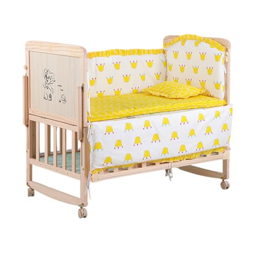 4-in-1 Wooden Baby Cot Bed Baby Bassinet Bedside Sleeper Baby Crib with Cushions Pillows Surrounding Guardrails Mosquito Net Sturdy Structure for Newborn and Infant (102 * 90 * 60CM)-Yellow