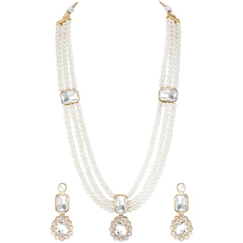 Image of Peora Crystal Faux Pearl Kundan Necklace & Jewellery Set Gift for Women