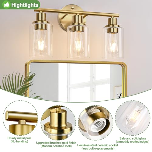 3-Light Gold Bathroom Light Fixtures, Modern Bathroom Vanity Light with Clear Glass Shade, Brushed Gold Bath Wall Mount Lights, Wall Lamp for Mirror Kitchen Bedroom Hallway Living Room Hallway