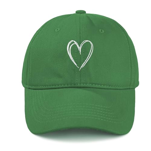 Green Baseball Cap with White Heart Embroidery - 100% Cotton Adjustable Unisex Hat - Breathable Lightweight UV Protection Ball Cap for Sports Casual St. Patricks Day
