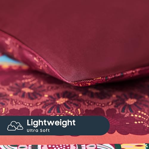 Image of Wake In Cloud - Boho Comforter Set, Bohemian Chic Colorful Medallion with Geometric Botanical Flowers and Horizontal Stripes, Soft Lightweight Bedding, 3 Pieces, Burgundy, King Size