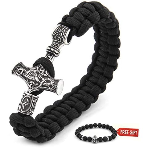 BAVIPOWER Viking Mammen Thor Hammer Braided Bracelet, 4 Length Options Stainless Steel Asatru Pagan Jewelry for Men Women (7.5) Cover