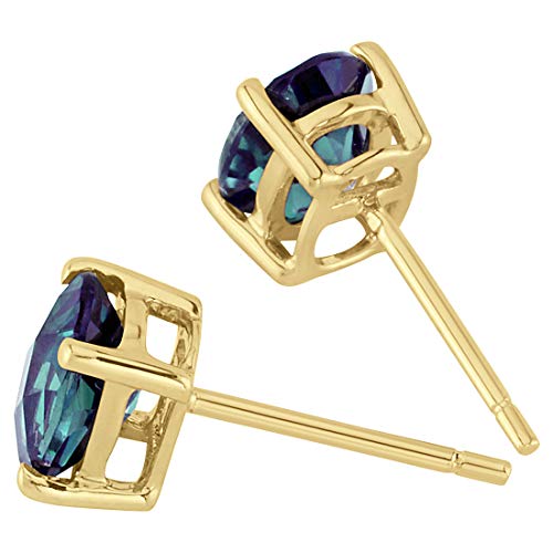 Peora Solid 14K Yellow Gold Created Alexandrite Earrings for Women, Color Change Classic Solitaire Studs, 7x5mm Oval Shape, 2 Carats total, Friction Back, Color Change Alexandrite Jewelry,3