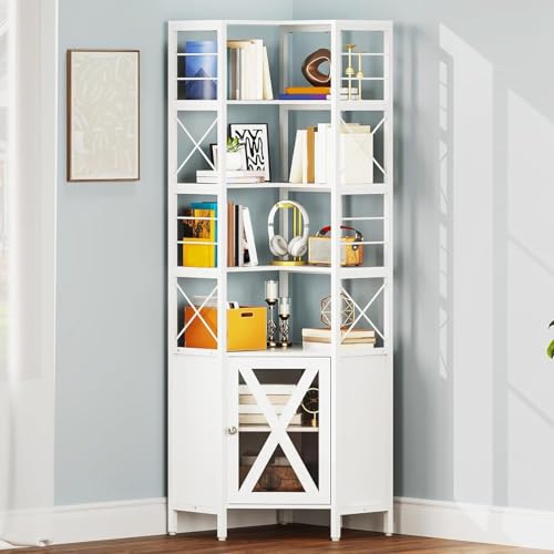 YITAHOME Corner Shelf with Door, 7-Tier Tall Bookshelf, Bookcase Cabinet with Shelves Freestanding Storage Stand for Living Room, Kitchen, White White 23.6"D x 23.6"W x 78.7"H
