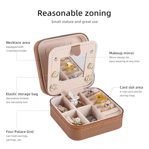 Image of KElofoN Travel jewelry case Travel jewelry box Travel Jewelry Organizer Small Jewelry Organizer Box Gift for Girls Women with Mirror(Coffee)
