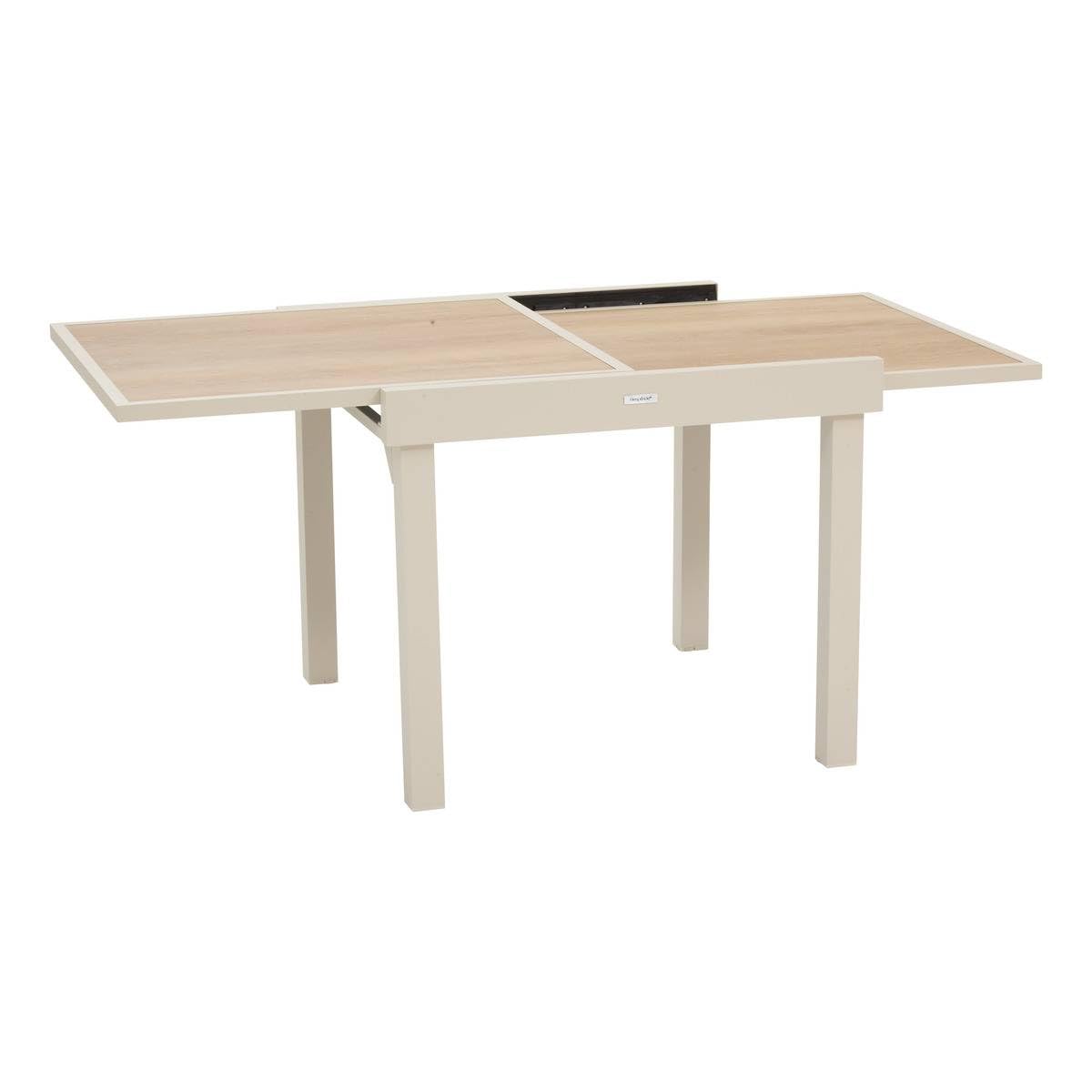 Hespéride - Table de Jardin Extensible Piazza Argile - 8 Places - Aluminium Traité Epoxy Antirouille - Plateau Verre Trempé Effet Bois - Meuble d'Extérieur à Rallonge Coulissante