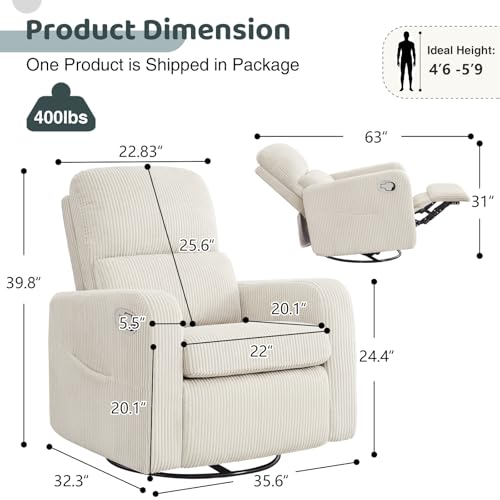 Image of Swivel Rocker Recliner, Oversized Manual Nursery Glider Rocking Recliner Chair with Removable Cushion, Upholstered Corduroy Swivel Reclining Chair for Nursery Living Room Bedroom, Cream White