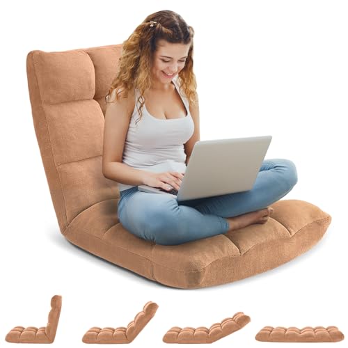 Image of Folding Floor Gaming Chair 14-Poistion Cushioned Adjustable Floor Lazy Sofa Chair w /Breathable Cotton & Skin-Friendly Flannel for Adults & Kids Perfect for Reading Gaming Meditating, Camel