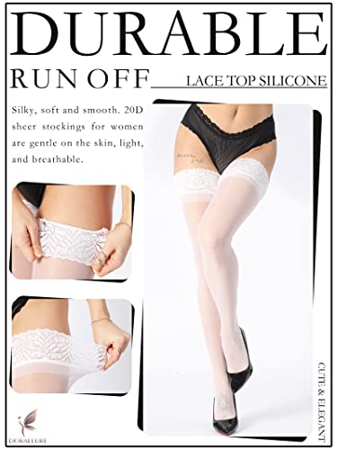 Image of DORALLURE Thigh High Stockings Silicone Lace Top Stay Up Silky Semi Sheer Pantyhose for Women Hold Up Nylon
