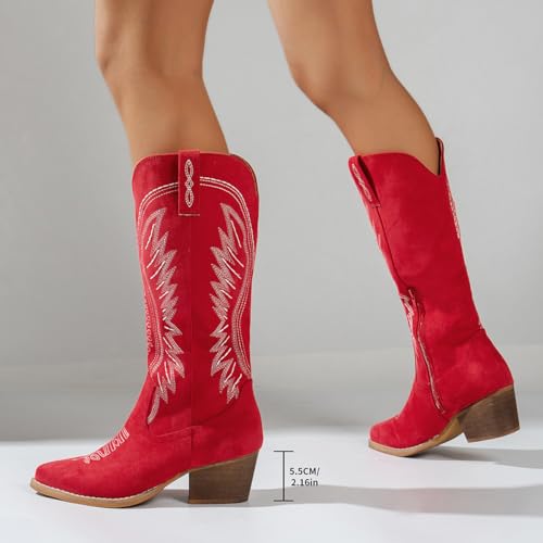 Image of Women's Western Cowboy Boots - Embroidered Ankle Booties with Chunky Block Heel, Side Zipper Suede Cowgirl Boots for Country Concert