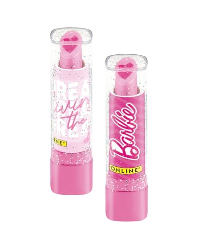ONLINE Barbie - Juego de gomas de borrar con aspecto de lápiz labial, 2 gomas de borrar para niños, material escolar para niñas, goma de borrar rosa con tapa de purpurina, regalo para la