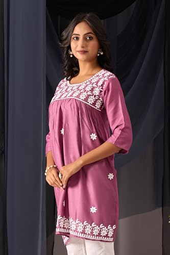 Image of Sidhidata Rayon Floral Embroidered Short Kurti | Short Anarkali Kurti for Girls | Women's Casual Sleeveless Printed Top | Tops for Women (Kurti Myra)