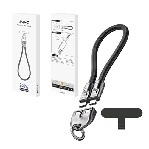Typ C auf Typ C 240W Ladegerät Armbanddesign 5A Schnellladung USB C Telefon Crossbody Handschlaufe Lanyard Modisches Ladezubehör (Black, 30cm)