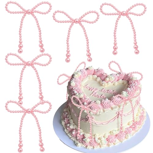 12Pcs Pink Pearl Bow Cake Topper Bow Dots Cake Decorations Bowknot Pearl Bows Cupcake Toppers for Bow Themed Birthday Party Decorations Wedding Baby Shower Party Cake Decoration Supplies