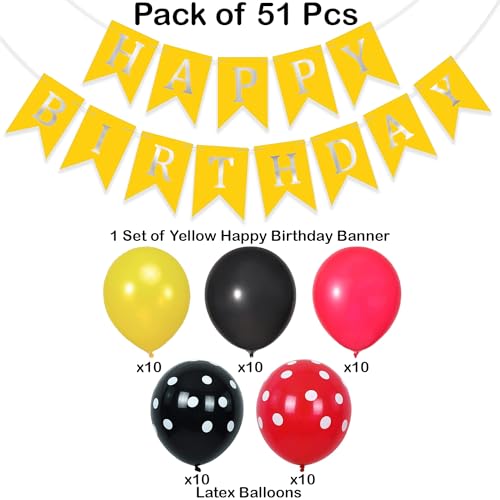 Image of Rozi Decoration Mickey Theme Latex, Cardstock Birthday Decoration Set of 51 Pcs Red, Black & Yellow Balloons with Happy Birthday Banner for Mickey Birthday Party Decorations