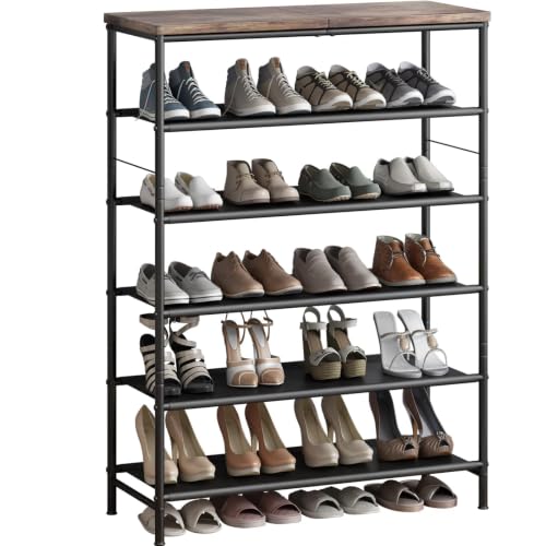 Image of INGIORDAR Shoe Rack Organizer 6 Tier Metal Organizer Shelf with Industrial MDF Board and Layer Fabric for Entryway Closet Bedroom Living Room Garage,Black & Rustic Brown (Black+Rustic Brown, 6 Tier)