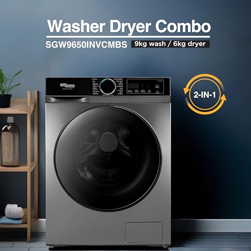Super General 9Kg/6Kg Washer-Dryer SGW9650INVCMBS, Inverter Motor, 1400 RPM, 15 Programs, Quick Wash 15mins, 1Hr Wash-Dry, Steam Wash, Baby Care, 53x59.5x85cm (WxDxH), Inox, 10-Yrs Inverter Warranty