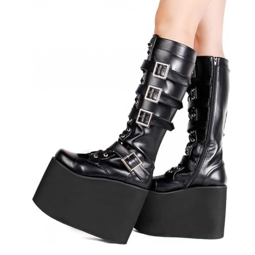 Milooey shoes Women's Thick Platform High Heeled Knee High Boots Round Toe Lace up Multi Buckles Strap Side Zipper Stylish Tall Boots Shoes Size 4-16 US3