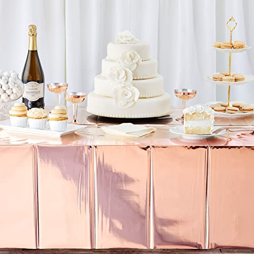 Sparkle And Bash 3 Pack Rose Gold Plastic Tablecloth, Metallic Table Cover Disposable For Pink Birthday Parties, Gender Reveal, Bridal Shower Decorations (54 X 108 In) #TOP1