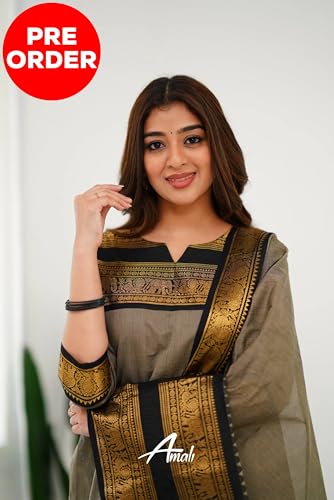 Image of TWINLIGHT Women's Kanchi Cotton Elephant Jaquard Work Kurta and Dupatta Set | V Neck 3 /4 Sleeves Straight Calf Length Kurti with Jaquard Border Work Dupatta | Kurti Set for Women