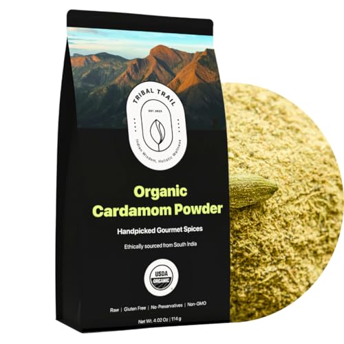 Tribal Trail Organic Cardamom Ground | 4.02 oz | USDA Organic &amp; Non-GMO | Ethically Sourced from Kerala, India | Recyclable Kraft Bags | Best for Tea, Coffee &amp; Baked Goods | Floral, Sweet &amp; Spicy