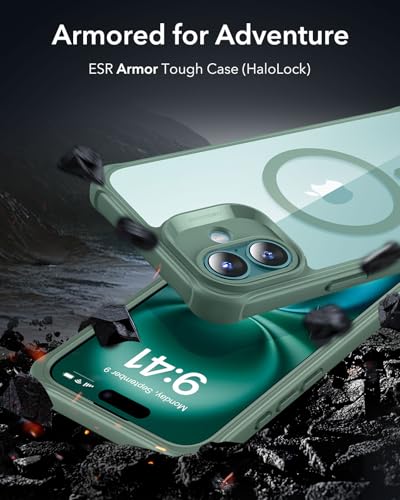 Image of ESR for iPhone 16 Plus Case, Compatible with MagSafe, Full-Body Military-Grade Drop Proof Case with Built-in 9H+ Tempered Glass Screen Protector, Armor Series, Clear Green