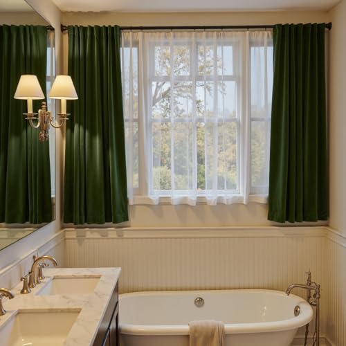 Image of Moss Earthy Curtains Luxury Rod Pocket 52x63 Inch 2 Panels | Soft Velvet, Light Filtering, For Small Windows, Kitchens & Bathrooms, Light Shifting Texture, Elegant Drape, Calm