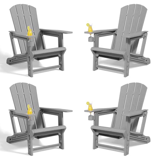 Adirondack Chair Set of 4, HDPE All-Weather Fire Pit Chairs, Wooden Textured Plastic Adirondack Chairs with Cup Holders, Outdoor Lawn Chairs for Deck,Patio,Backyard,Grey