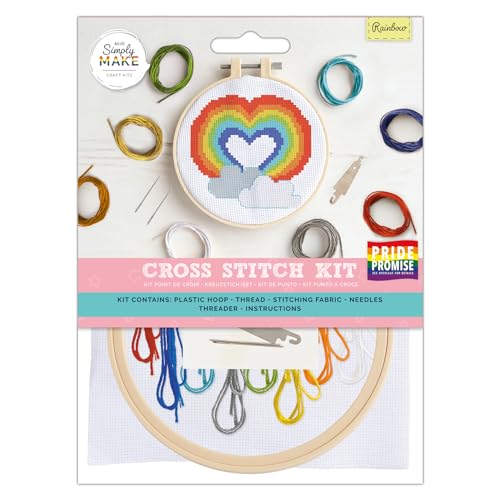 Simply MAKE Kit per punto croce, motivo arcobaleno, per bambini e adulti, cerchio, filo da ricamo, artigianato per adulti, principianti, kit per artigianato