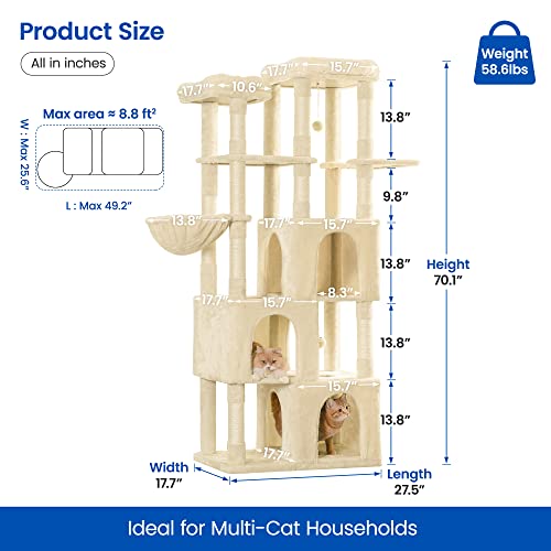 Image of MWPO Extra Large Cat Tree - 70.1-Inch Tall Cat Tower with 3 Cat Condos, Multi-Level Cat Stand for Large Cats Featuring Scratching Posts, Padded Perches, Hammock, Dangling Toys, Beige