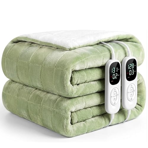 Image of IUUI Heated Blanket Electric King Dual Controller- 90x100 Inches Soft Flannel Heating Blanket,Fast Heating Blanket 6 Heating Levels & 2 Hours Auto Off ETL Certification(Sage Green, King 90 inch x 100 inch)