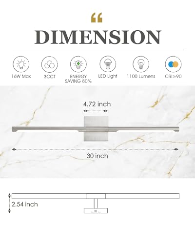Image of 30 Inch Brushed Nickel LED Bathroom Vanity Light, 3CCT Dimmable