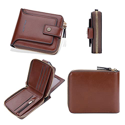 Bifold Wallet for Men Zipper Small Wallets Leather Pocket Billfold Card holder Coin Purse (Brown)2