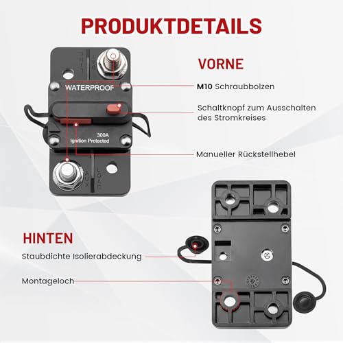 RED WOLF 300A Schutzschalter mit Manuellen Reset, 300 Ampere Sicherungshalter Auto Leistungsschalter für Kfz Boot Wohnmobil LKW Audio Stereo Batterie Sicherungsautomat 12V-24V DC