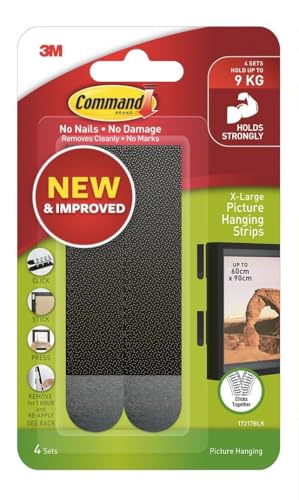 3M Command X-Large Picture Hanging Strips Damage Free black Holds up to 9kg 8/pack
