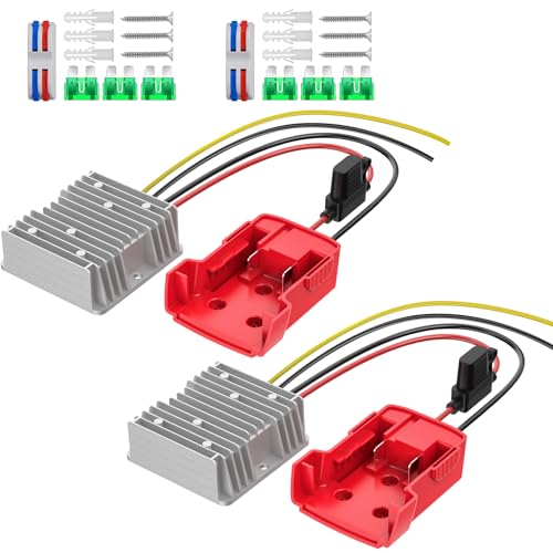 2 Pack 18V to 12V Azocek Step Down Converter Compatible with Mil-wau-kee 18V Battery Power Wheel Battery Adapter DC 12V 20A 240W Buck Converter Regulator with 30A Fuse & Wire Terminal