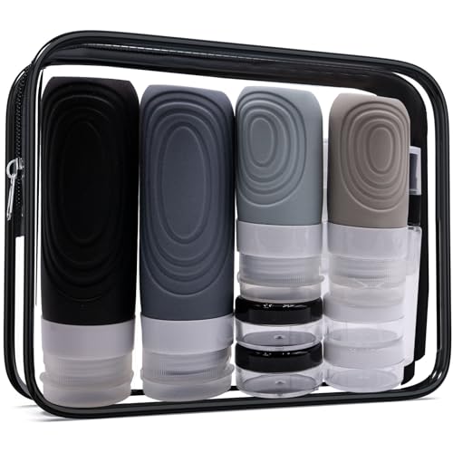 Noviatrix 18 Pcs Flacon Voyage Silicone Set 60/90ml, Anti-Fuite Rechargeable Recipient Voyage avec Trousse de Toilette Transparente pour Shampooing, Lotion, Après-Shampooing, Gel Douche