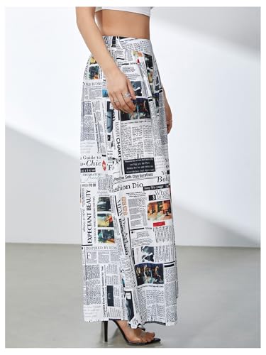 WDIRARA Women's Newspaper Print Wide Leg Pants Elastic Waist